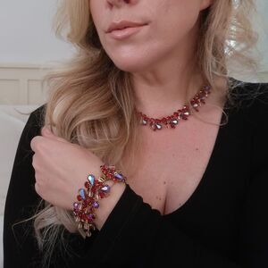 Vintage Kramer Demi-Parure Red Aurora Borealis AB Teardrop Pink Dangle Balls